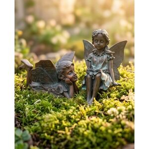 Fairy Garden Statues Set Bronze Finish Reading Reclining Home Decor 1990's Vtg